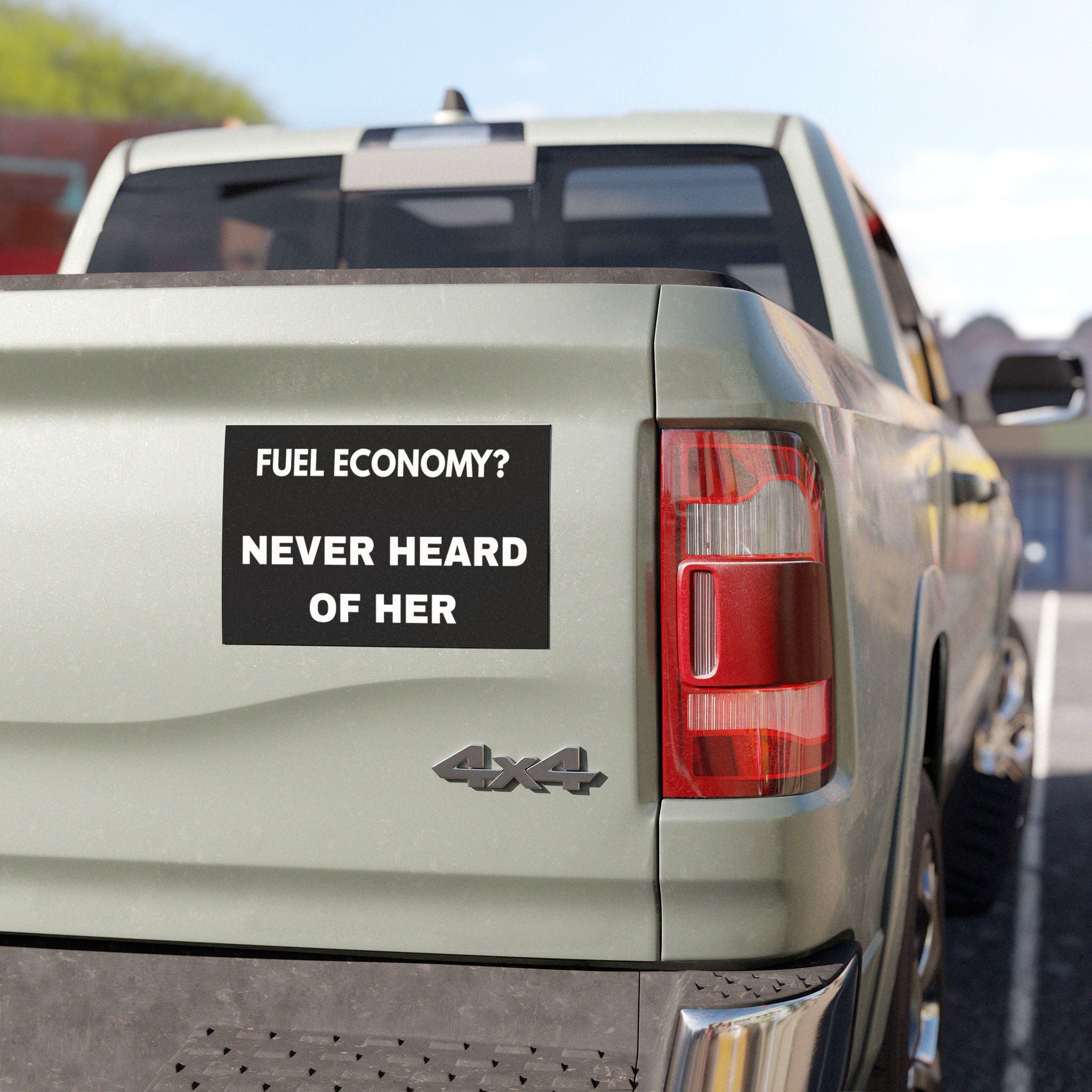 Car Magnet — "Fuel Economy? Never Heard of Her" Funny Vehicle Sign